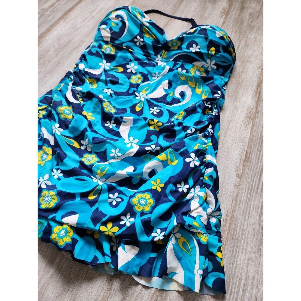 Sunshine Zone One Piece Swim Dress Blue Yellow Floral Adjustable Strap Sz 1X EUC - Picture 2 of 7